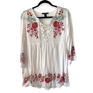 White and red pink roses floral longsleeve white mini dress S v neck flowy